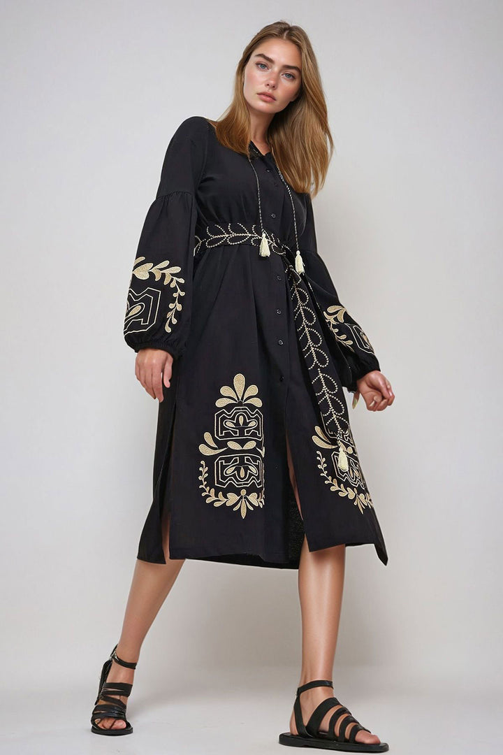 Black Judge Collar Belted Double Slit Linen Dress BCHESQ-251042 - Torre-Pacheco