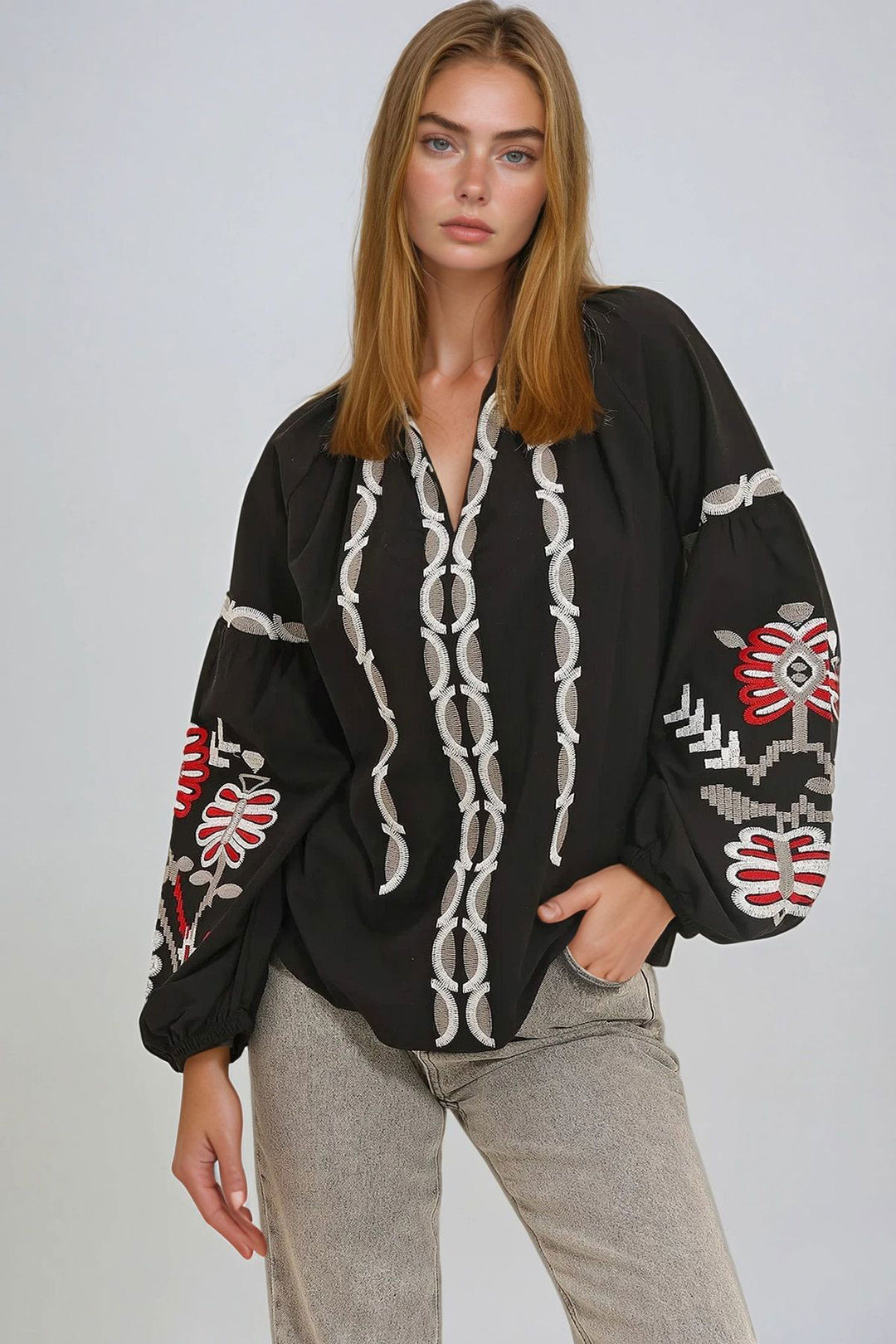 Black Judge Collar Embroidered Woven Blouse BCHESQ-251031 - Bendigo