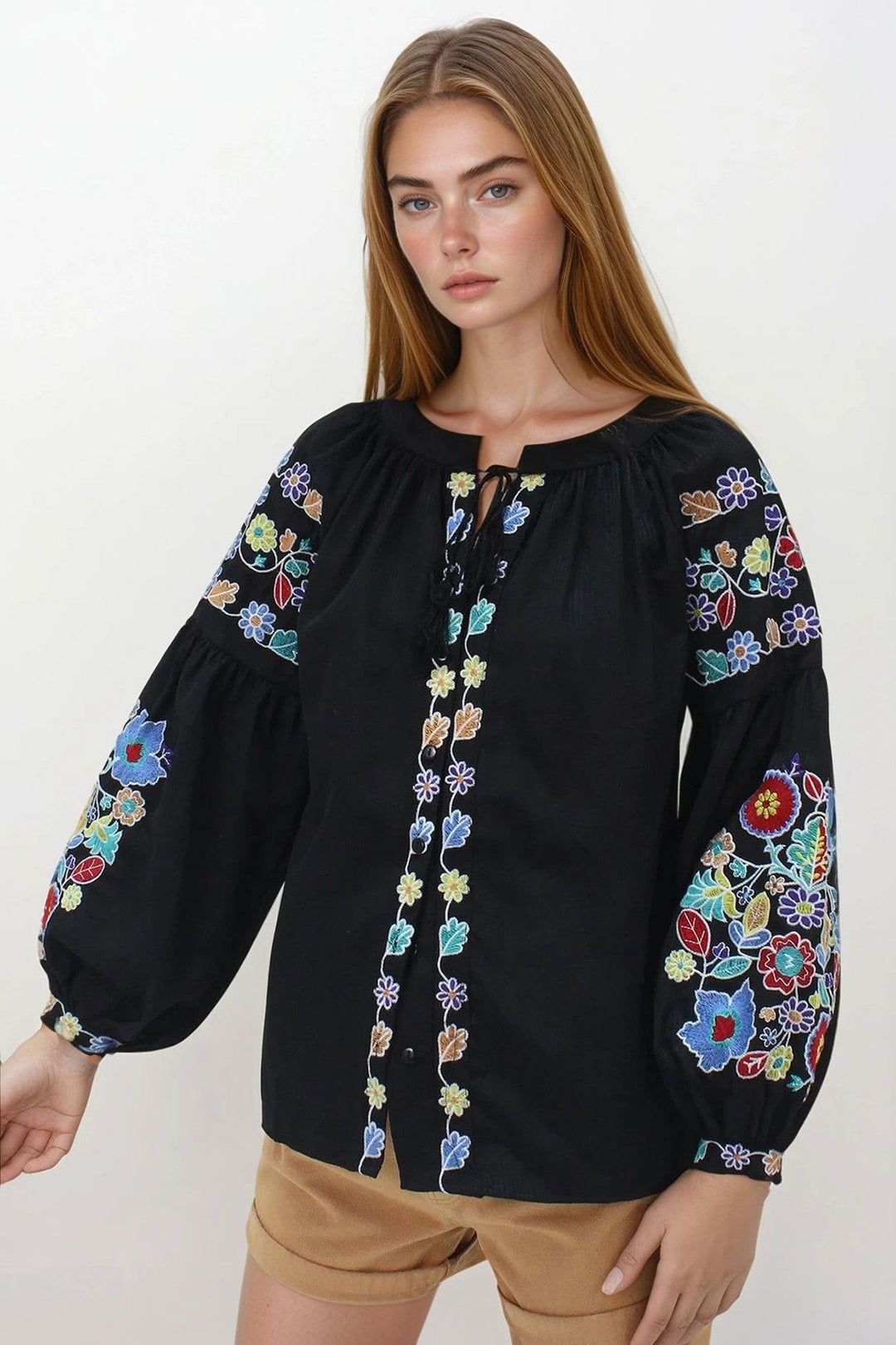 Black Judge Collar Tassel Lace Embroidered Purl Woven Shirt BCHESQ-251146 - Caerphilly