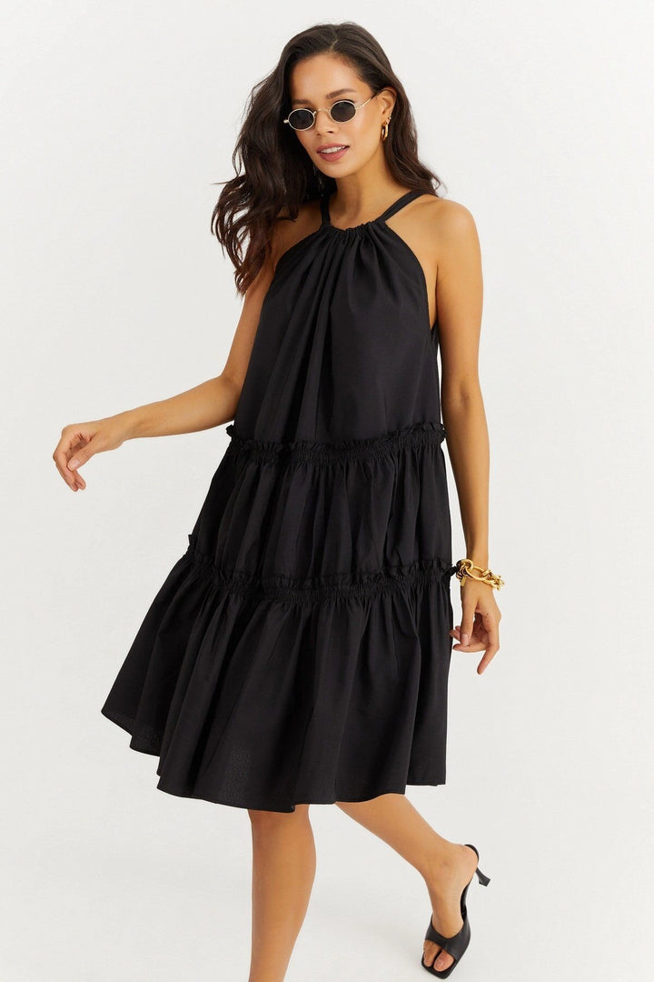 Black Halter Skirt Layered Ruffled Poplin Dress BCBSK-25700-K7172 - Athis-Mons