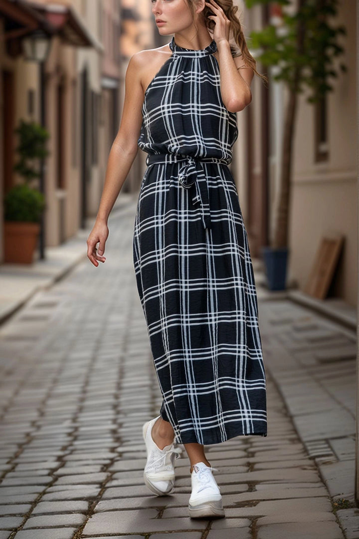 Black Halter Neck Self Belted Long Dress BCBSK-25700-2896 - Gastonia