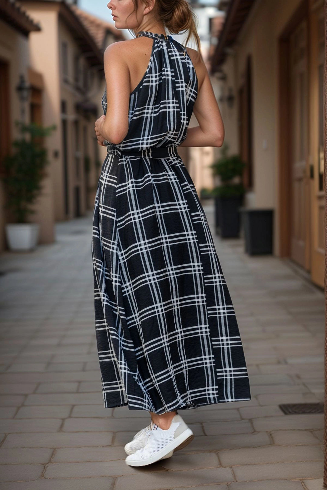 Black Halter Neck Self Belted Long Dress BCBSK-25700-2896 - Gastonia