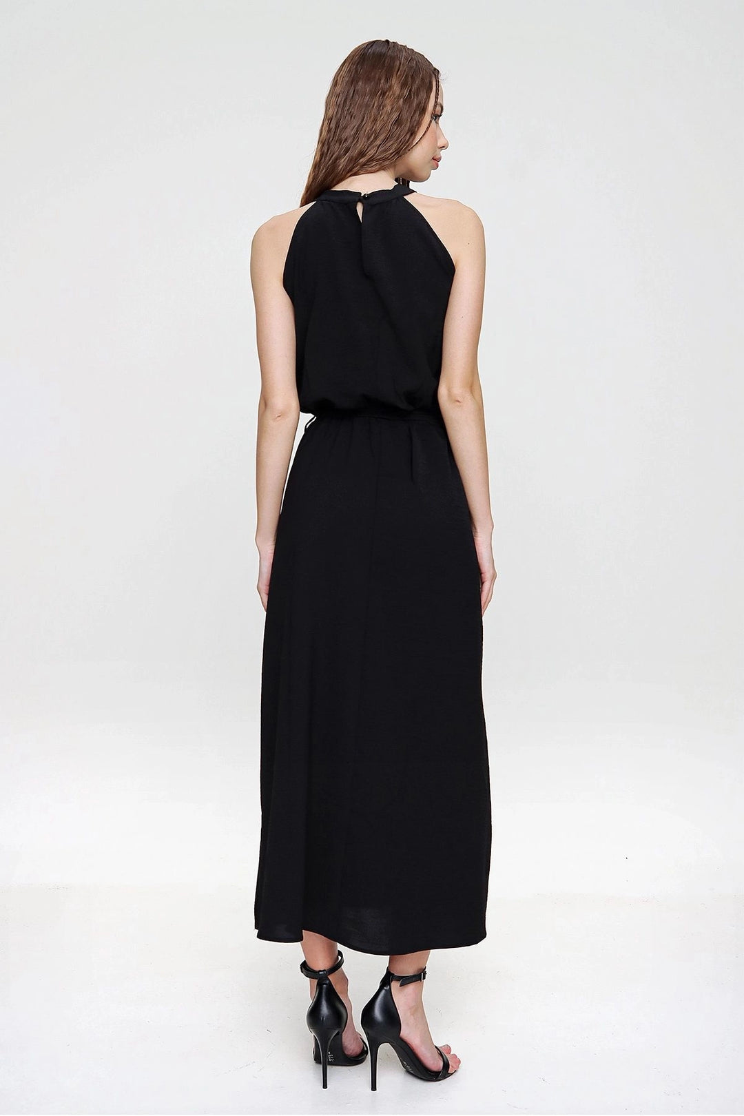 Black Halter Neck Shoulder Decollete Waist Tied Dress BCBSK-25700-K5330 - Rowlett