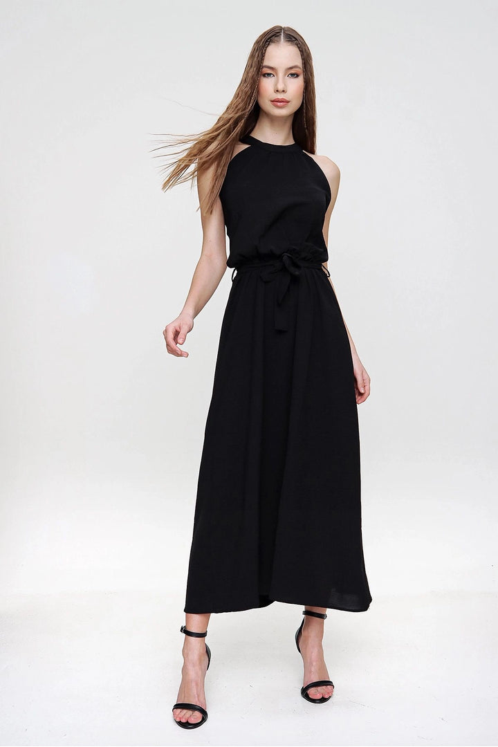 Black Halter Neck Shoulder Decollete Waist Tied Dress BCBSK-25700-K5330 - Rowlett
