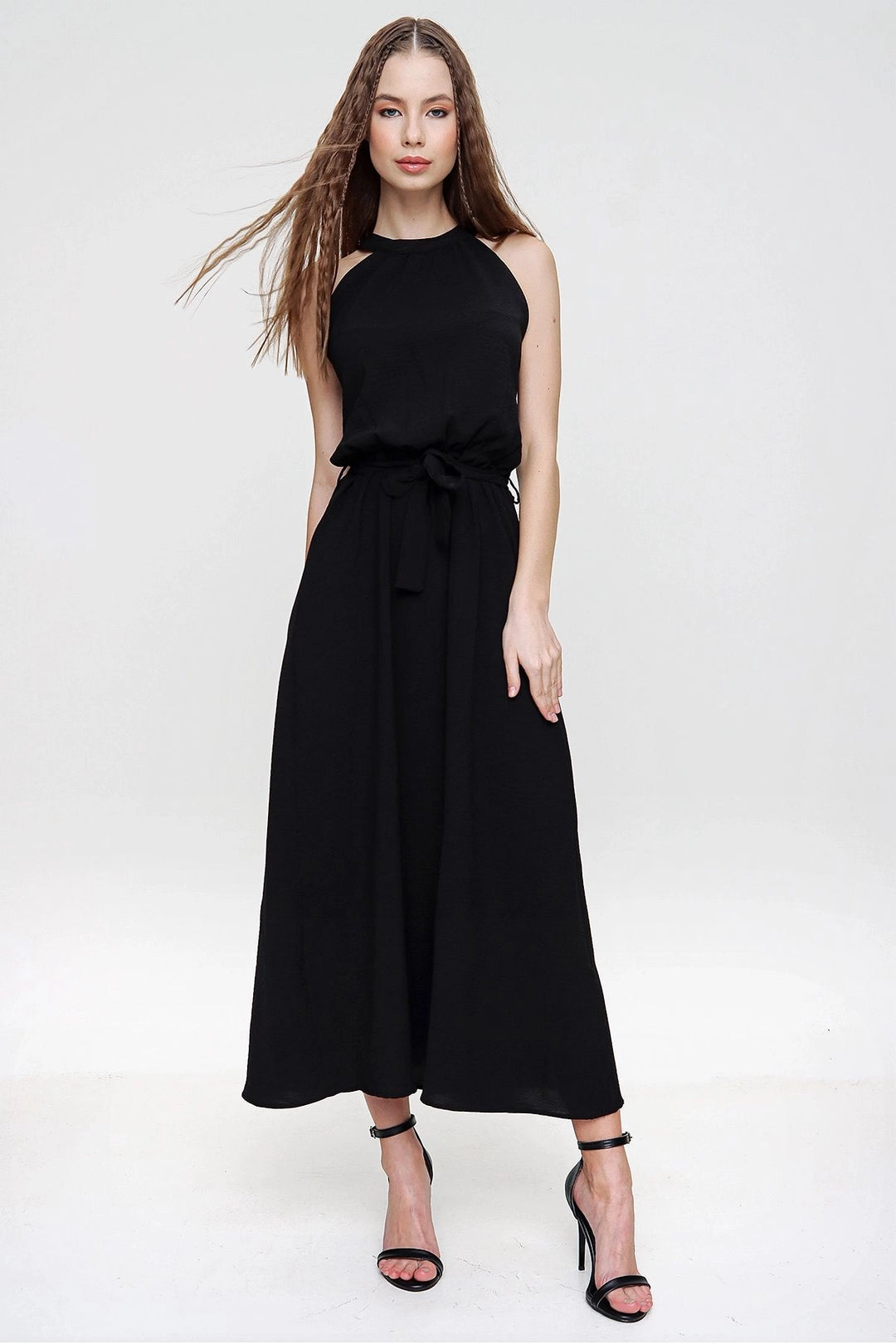 Black Halter Neck Shoulder Decollete Waist Tied Dress BCBSK-25700-K5330 - Rowlett