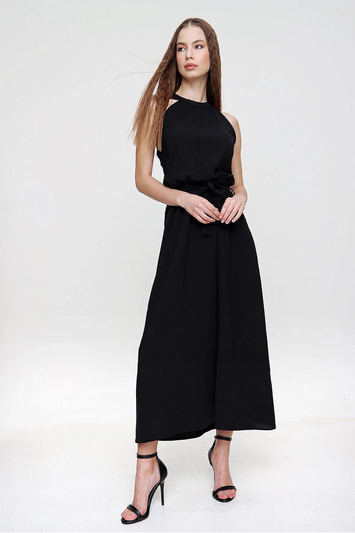 Black Halter Neck Shoulder Decollete Waist Tied Dress BCBSK-25700-K5330 - Rowlett
