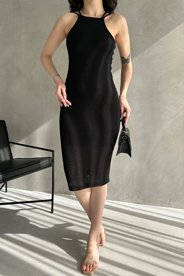 Black Halter Neck Back Cross Strap Detail Knit Dress BCDF-241067 - Mettmann