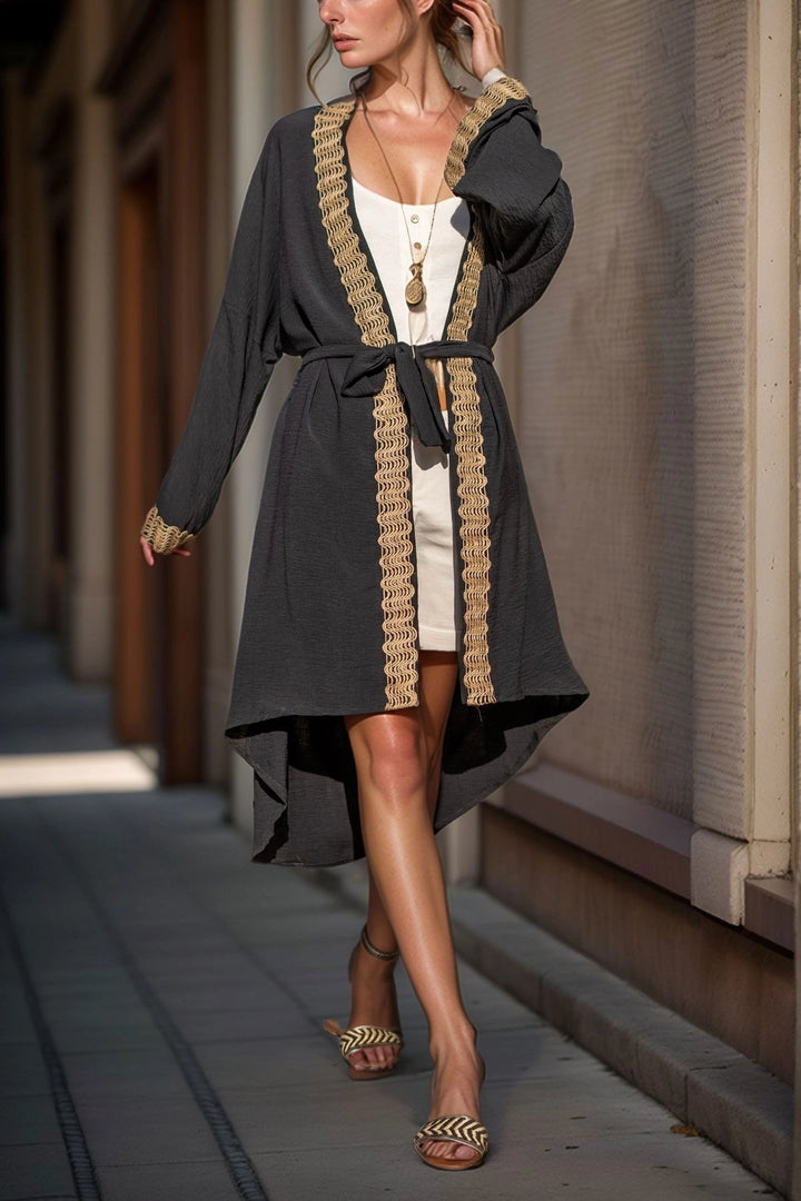 Black Straw Detailed Belted Loose Kimono BCBSK-25700-3160 - Vestavia Hills