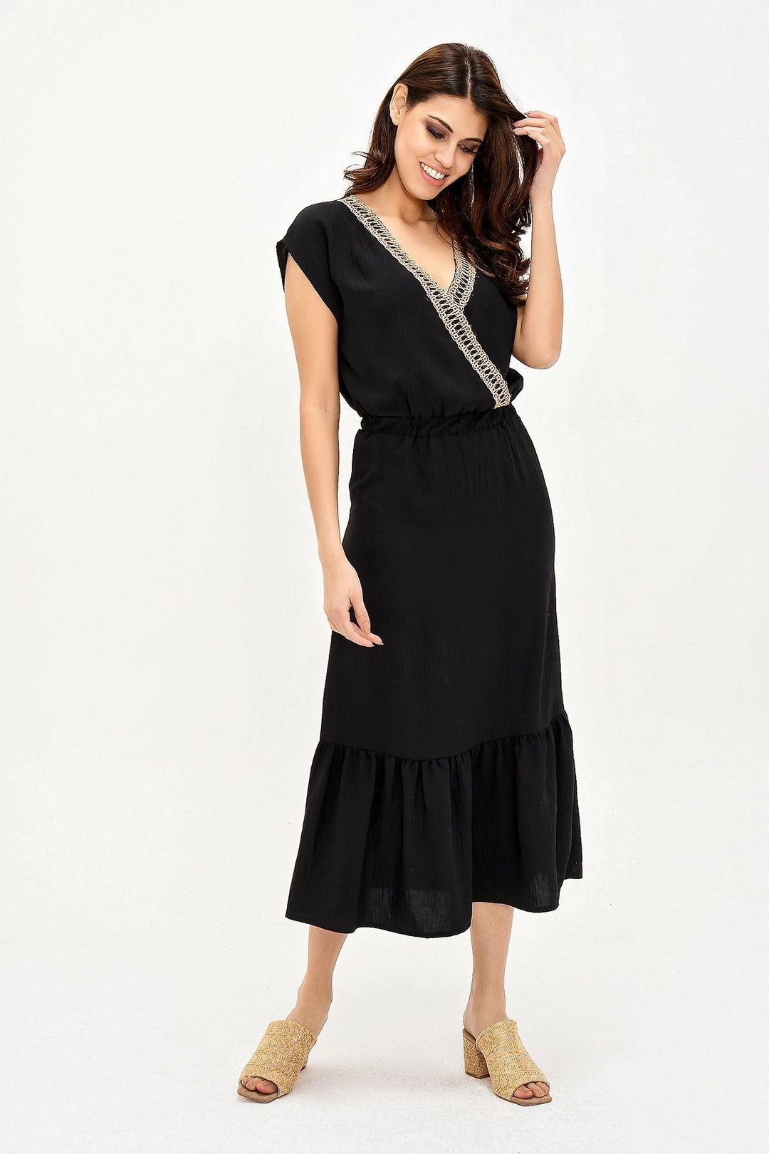 Black Straw Embroidered Skirt Ruffled Long Dress BCBSK-25700-2856 - Port St. Lucie