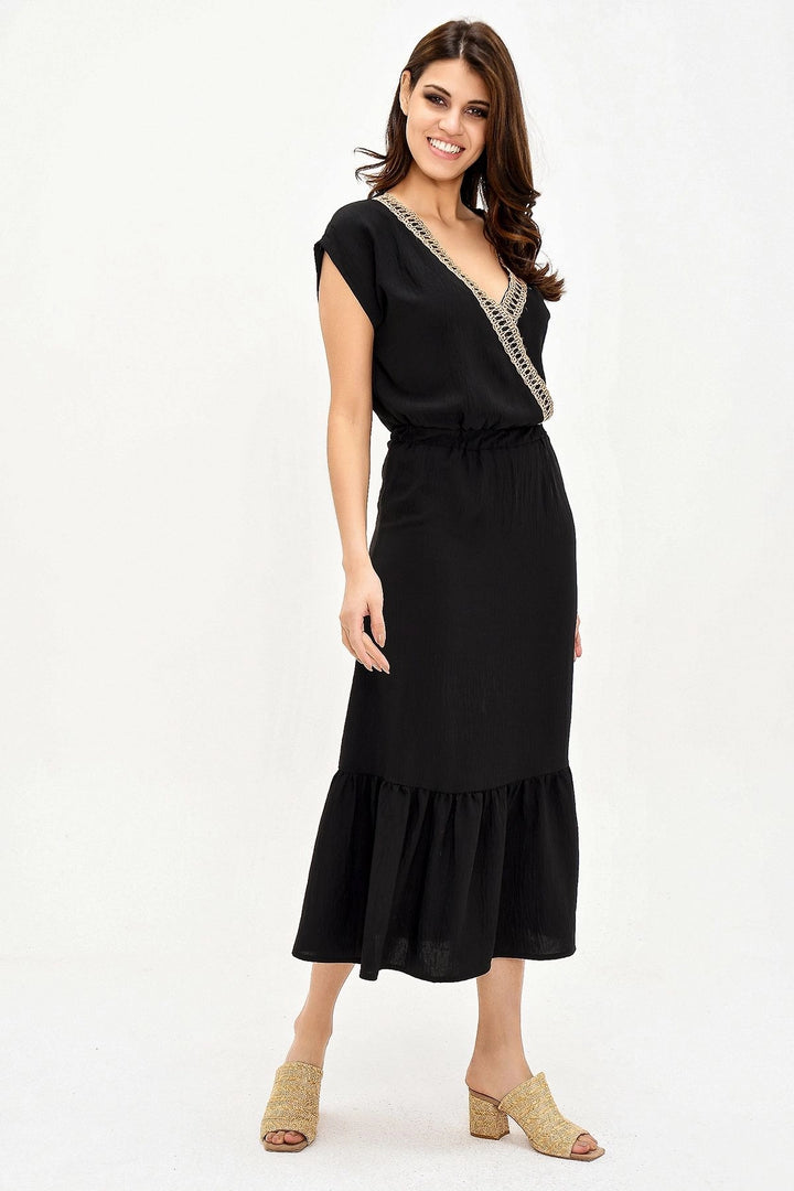 Black Straw Embroidered Skirt Ruffled Long Dress BCBSK-25700-2856 - Port St. Lucie