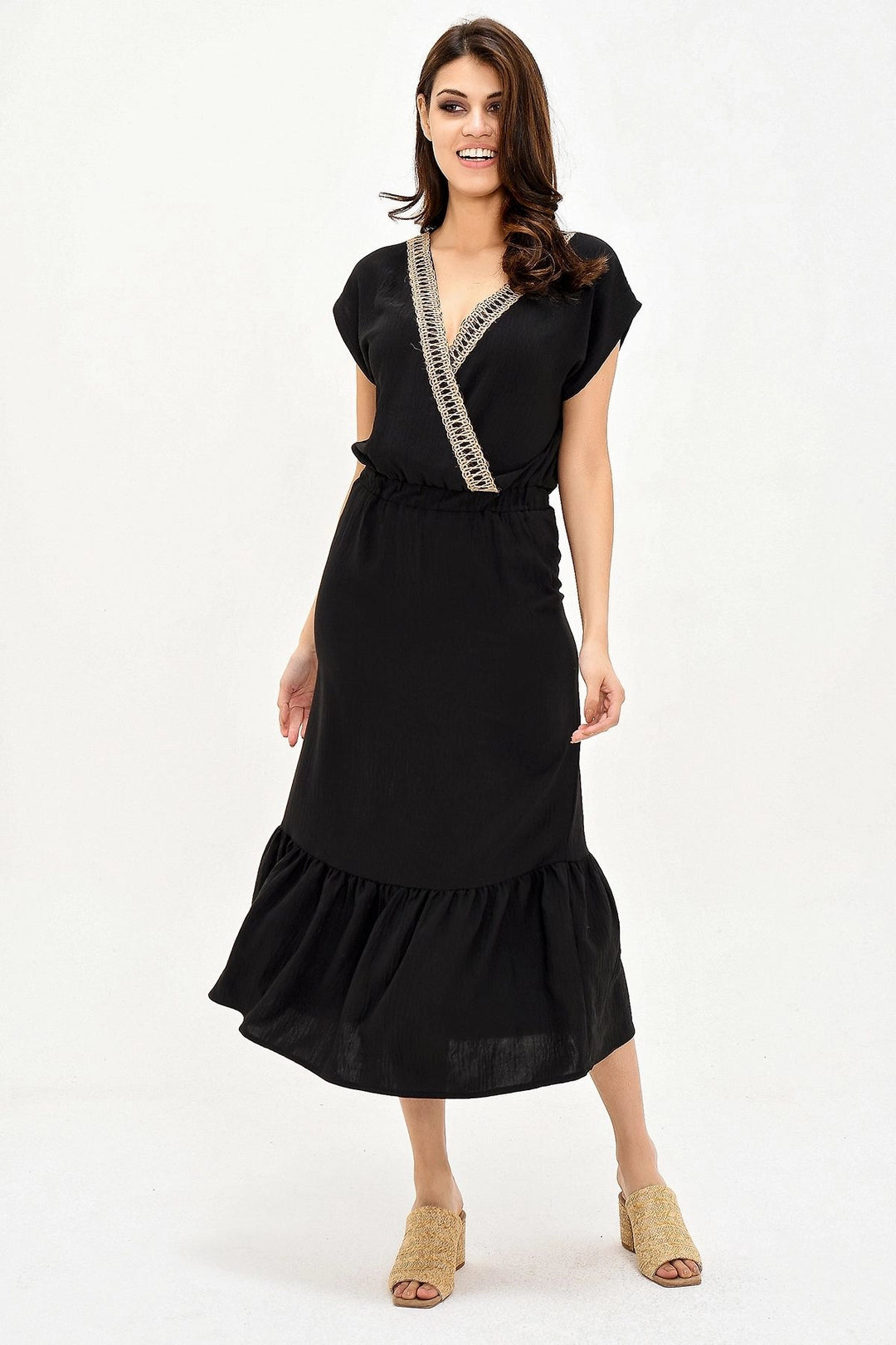 Black Straw Embroidered Skirt Ruffled Long Dress BCBSK-25700-2856 - Port St. Lucie