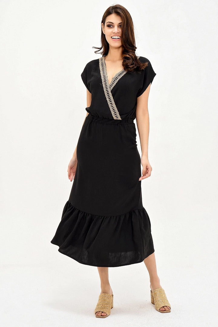 Black Straw Embroidered Skirt Ruffled Long Dress BCBSK-25700-2856 - Port St. Lucie