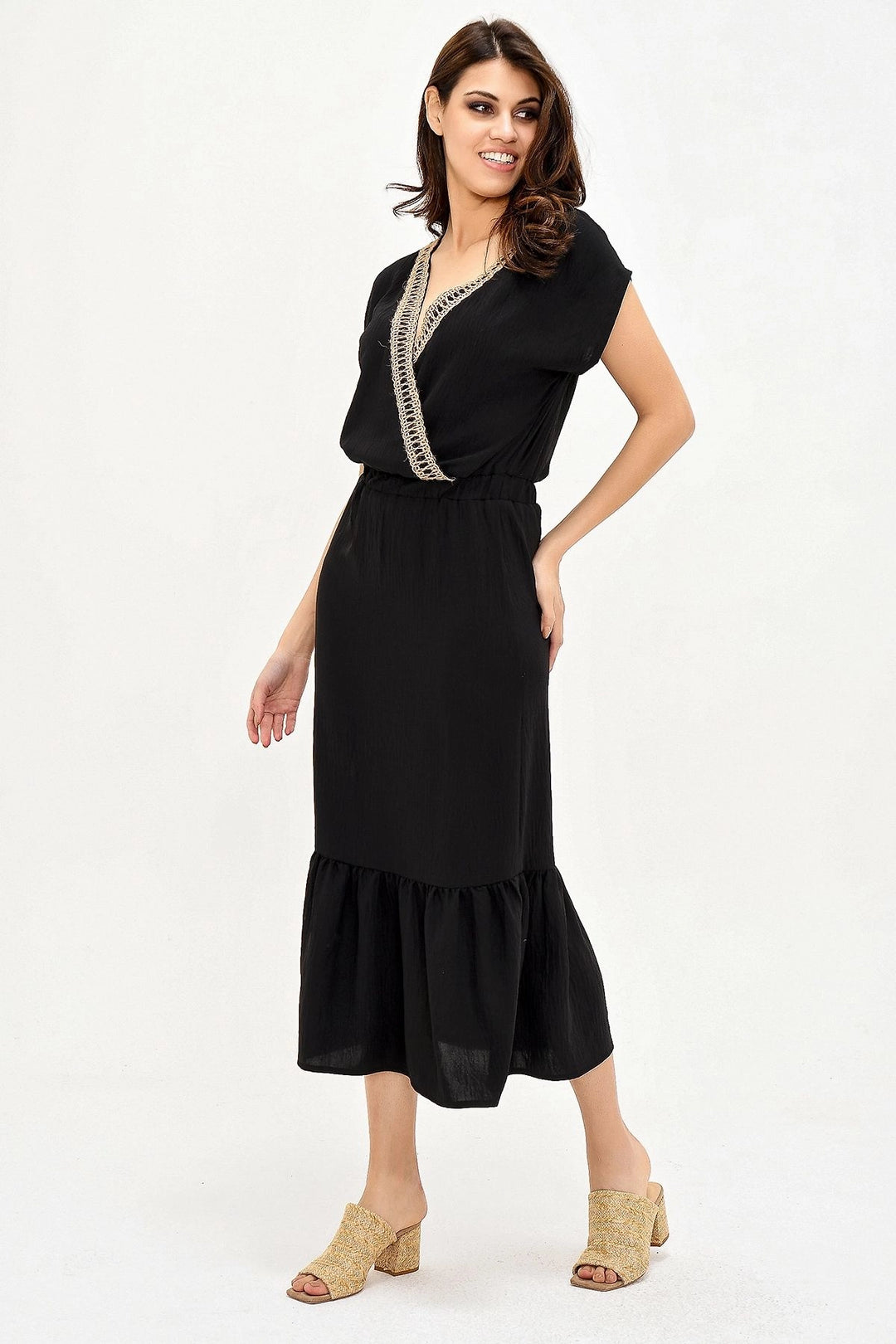 Black Straw Embroidered Skirt Ruffled Long Dress BCBSK-25700-2856 - Port St. Lucie