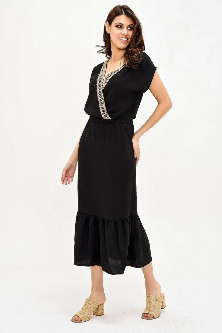 Black Straw Embroidered Skirt Ruffled Long Dress BCBSK-25700-2856 - Port St. Lucie
