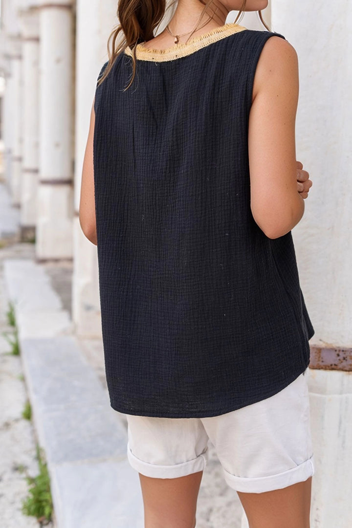 Black Straw V-Neck Muslin Sleeveless Baggy Blouse BCBSK-25700-3424 - Grugliasco