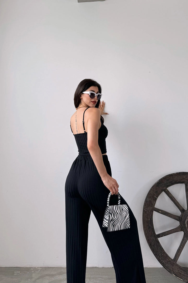 Black String Strap Crop Top and Slit Detail Pants Set BCDF-251084 - Cergy