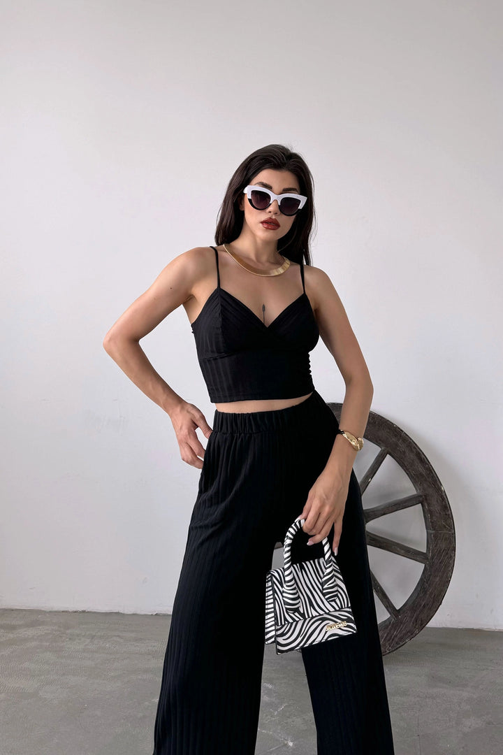 Black String Strap Crop Top and Slit Detail Pants Set BCDF-251084 - Cergy