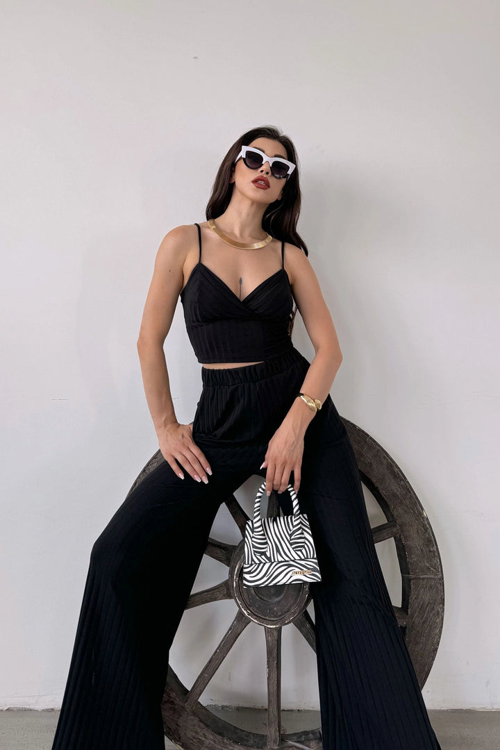 Black String Strap Crop Top and Slit Detail Pants Set BCDF-251084 - Cergy