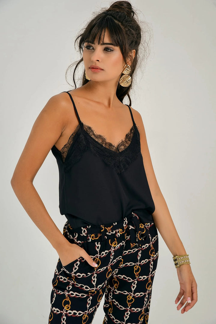 Black Lace Detailed Blouse with String Straps BCBSK-25700-T4008730 - Arcadia