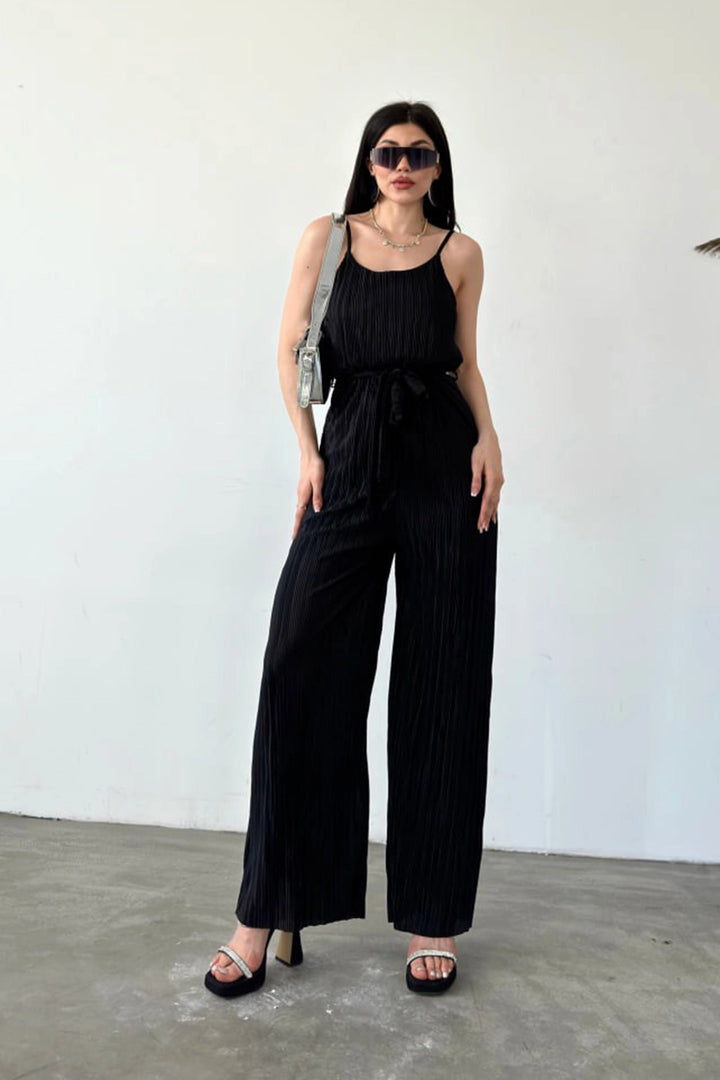 Black Crinkle Jumpsuit with Rope Strap Belt BCDF-241077 - Wesel