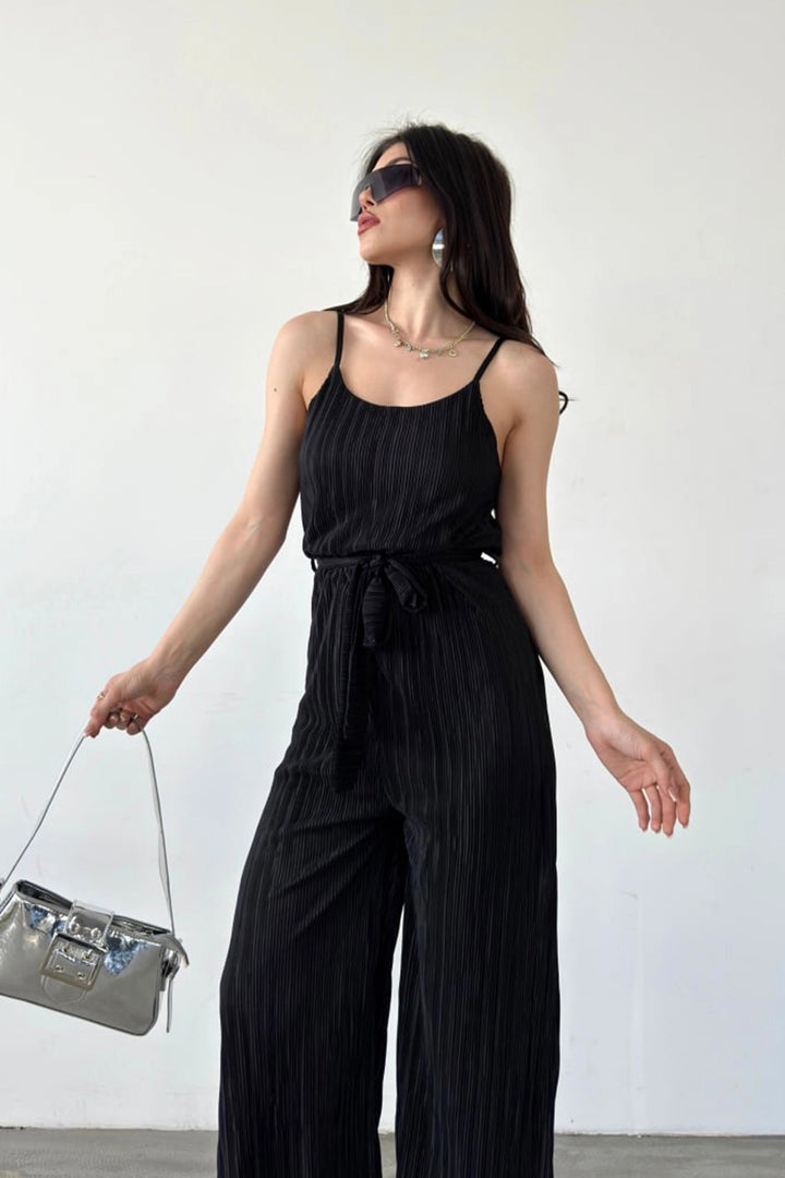 Black Crinkle Jumpsuit with Rope Strap Belt BCDF-241077 - Wesel