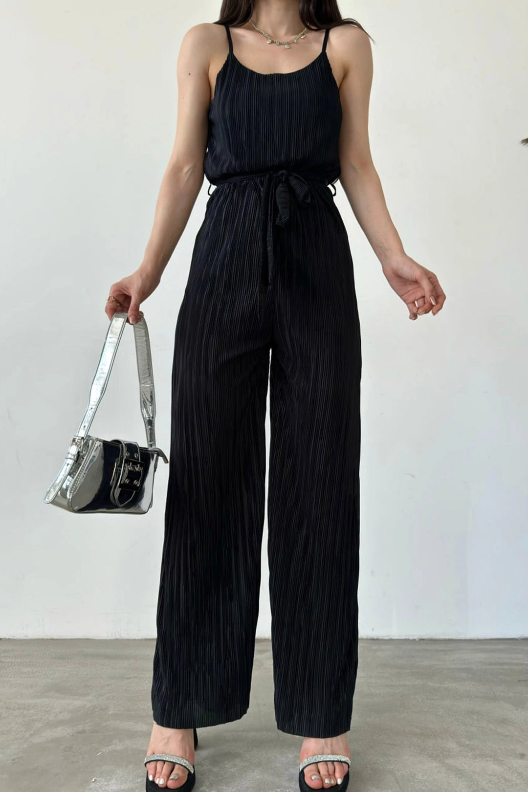 Black Crinkle Jumpsuit with Rope Strap Belt BCDF-241077 - Wesel