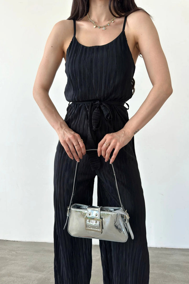Black Crinkle Jumpsuit with Rope Strap Belt BCDF-241077 - Wesel