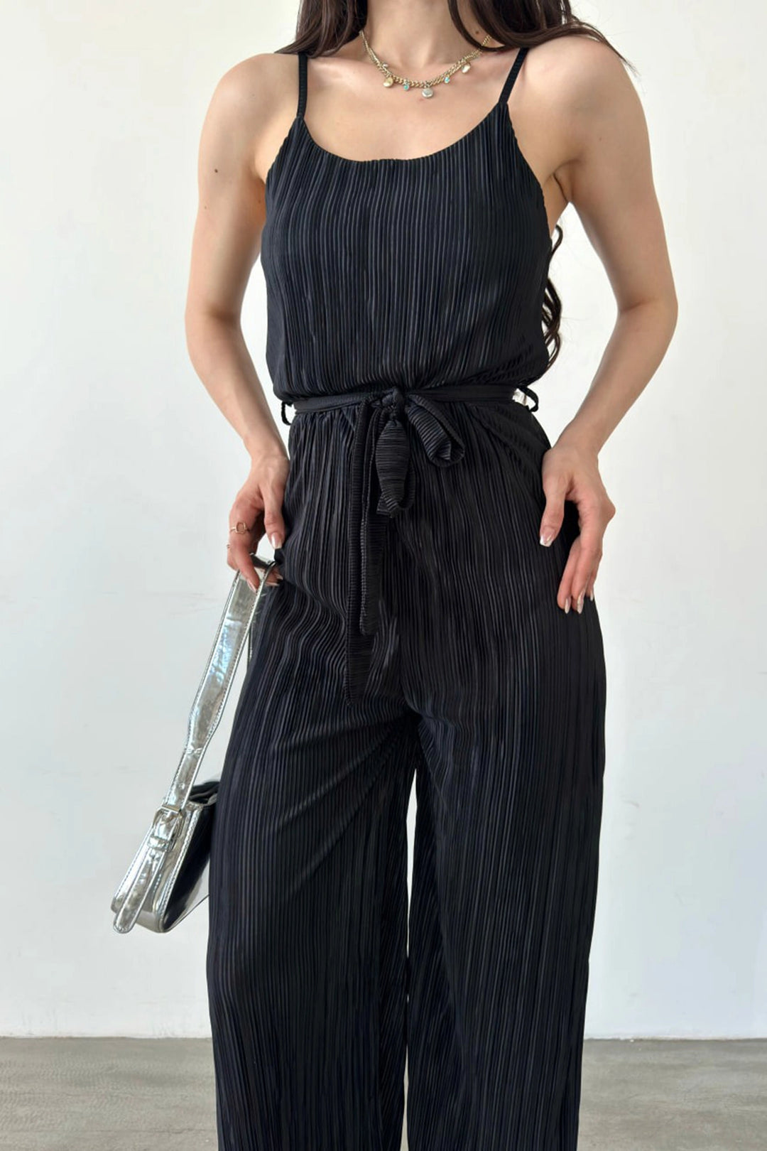 Black Crinkle Jumpsuit with Rope Strap Belt BCDF-241077 - Wesel
