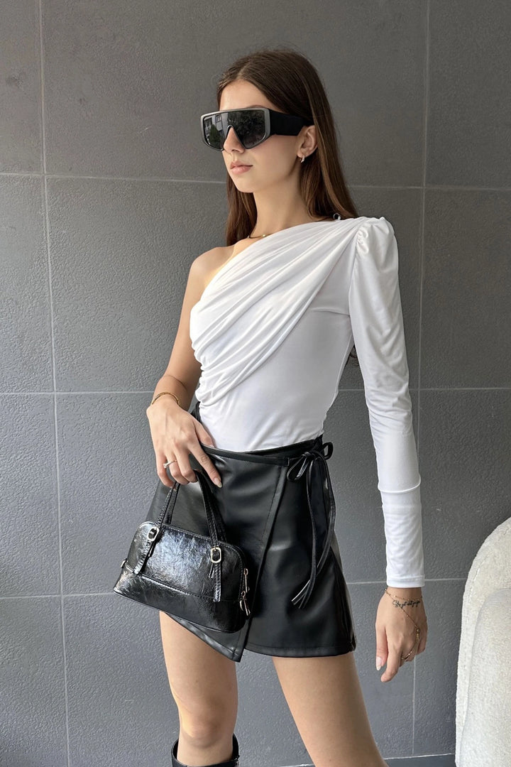 Black Leather Shorts Skirt with Tie String BCDF-243501 - Erkrath