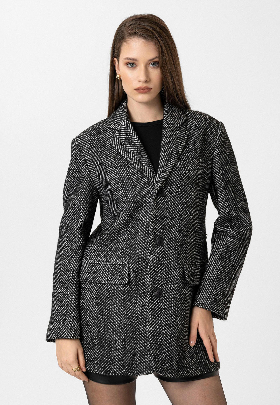 ANT Antioch Black Woman Herringbone Patterned Blazer Jacket - Abertawe