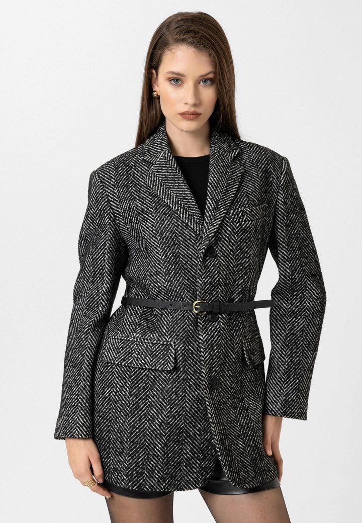 ANT Antioch Black Woman Herringbone Patterned Blazer Jacket - Abertawe