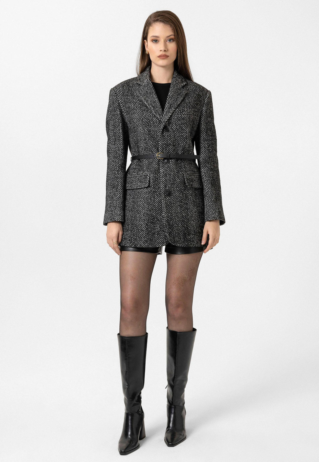 ANT Antioch Black Woman Herringbone Patterned Blazer Jacket - Abertawe