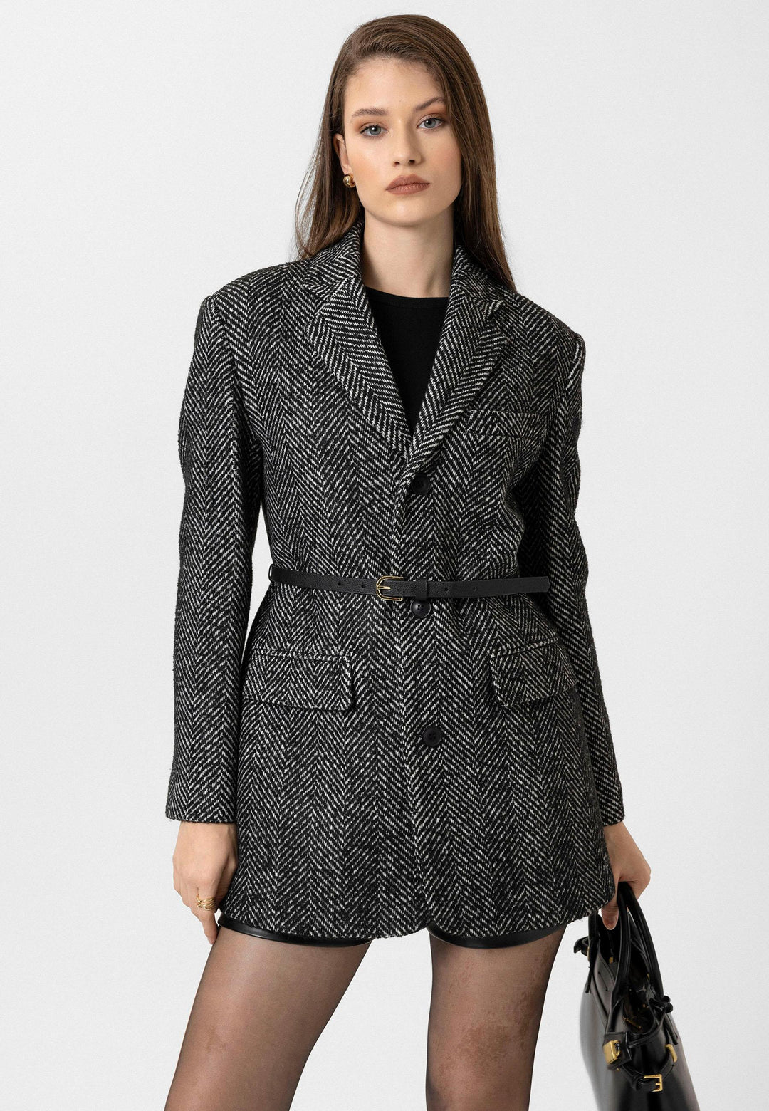 ANT Antioch Black Woman Herringbone Patterned Blazer Jacket - Abertawe