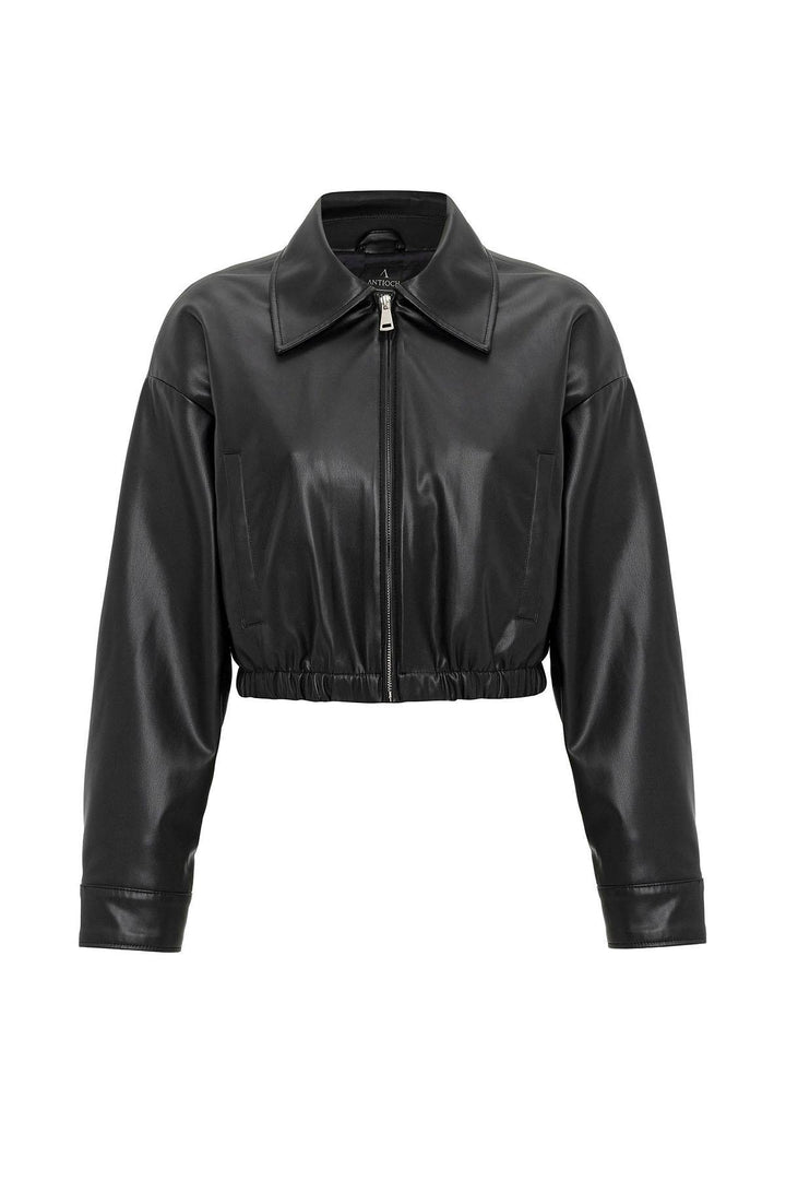 ANT Antioch Black Women's Elastic Waist Faux Leather Jacket - Bagheria