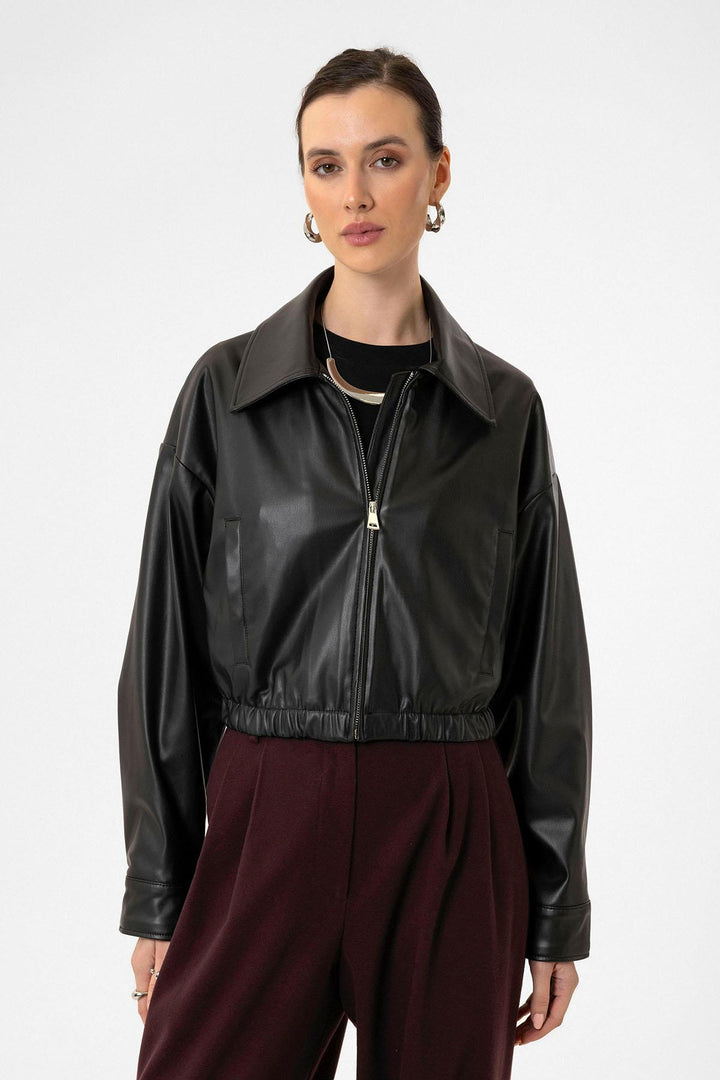 ANT Antioch Black Women's Elastic Waist Faux Leather Jacket - Bagheria