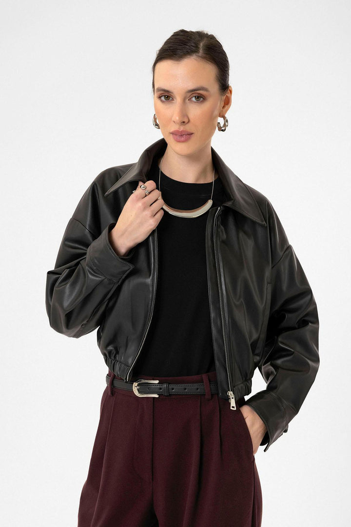 ANT Antioch Black Women's Elastic Waist Faux Leather Jacket - Bagheria