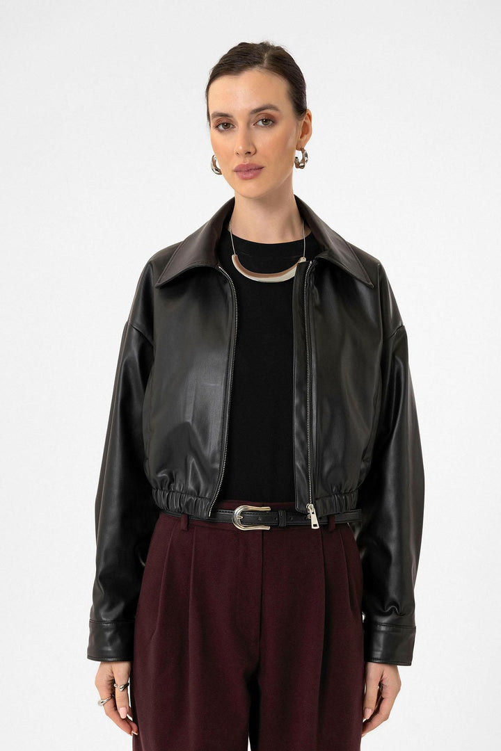 ANT Antioch Black Women's Elastic Waist Faux Leather Jacket - Bagheria