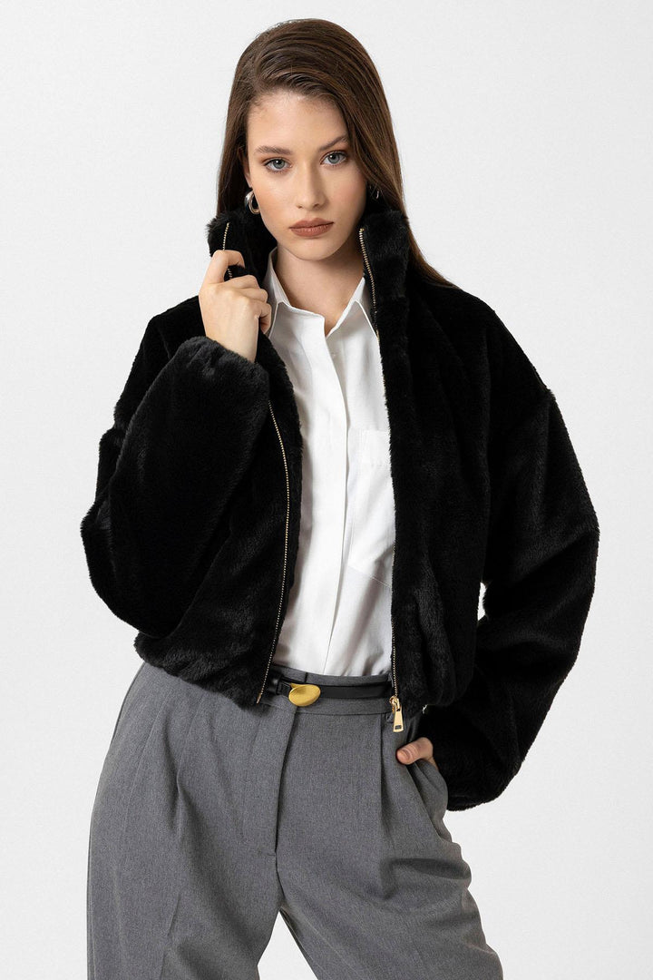 ANT Antioch Black Women's Faux Fur Coat with Elastic Waistband - Adelaide