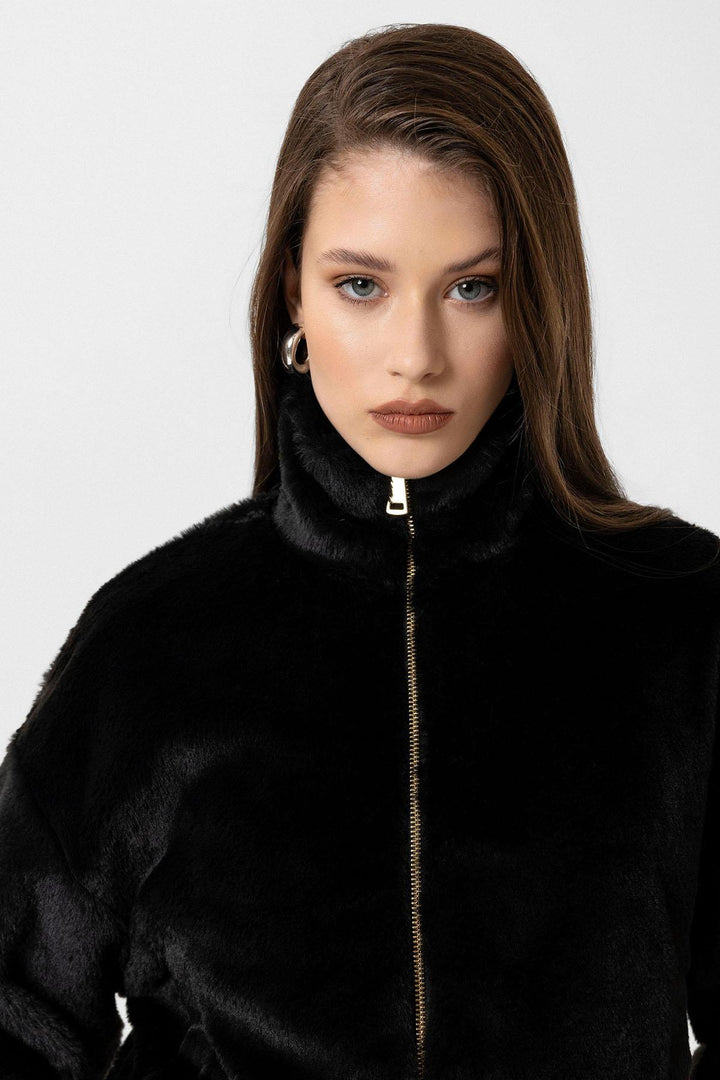 ANT Antioch Black Women's Faux Fur Coat with Elastic Waistband - Adelaide