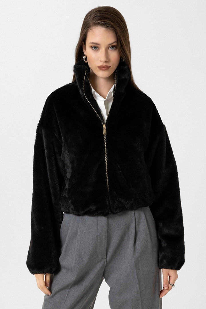 ANT Antioch Black Women's Faux Fur Coat with Elastic Waistband - Adelaide