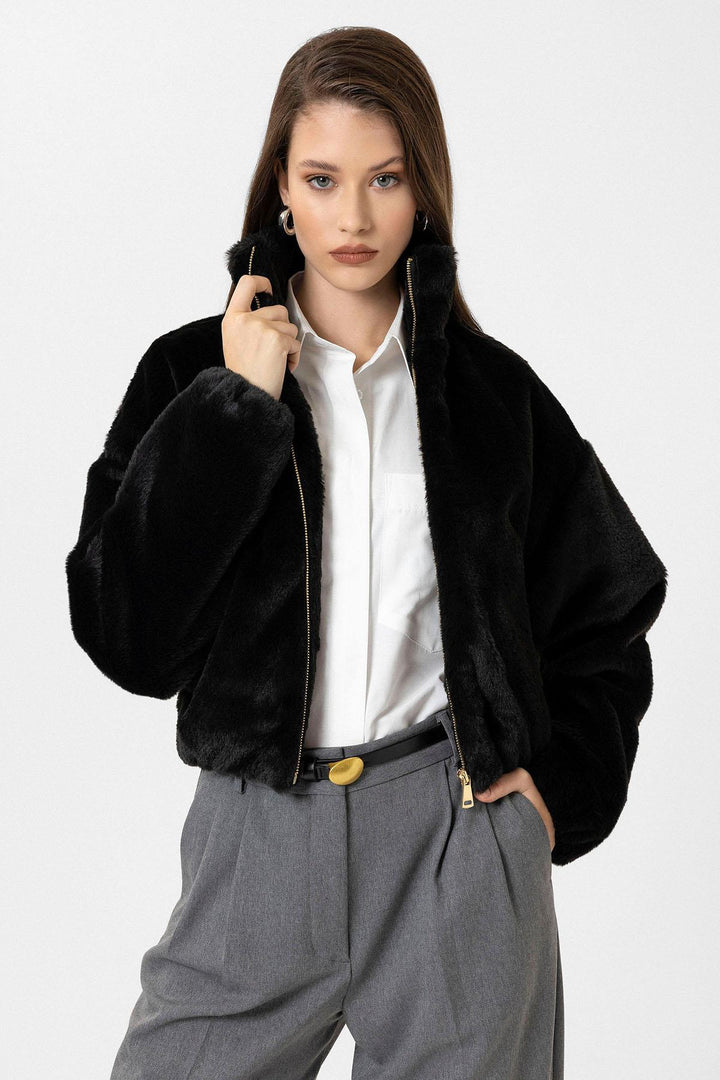 ANT Antioch Black Women's Faux Fur Coat with Elastic Waistband - Adelaide