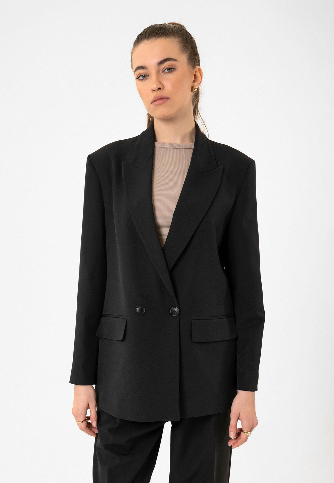 ANT Antioch Siyah Kadın Kruvaze Kapama Oversize Blazer Ceket - High Point
