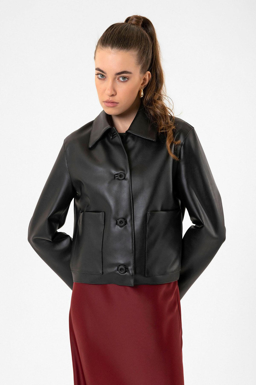 ANT Antioch Black Women's Faux Leather Jacket with Polo Neck - Iguala de la Independencia