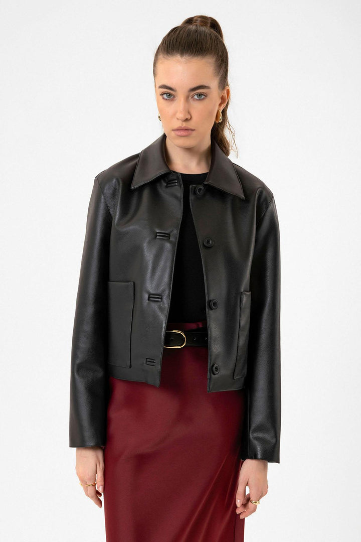 ANT Antioch Black Women's Faux Leather Jacket with Polo Neck - Iguala de la Independencia