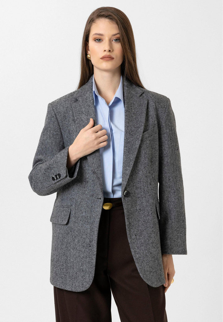 ANT Antioch Black Woman Relax Fit Fishbone Patterned Blazer Jacket - Houma