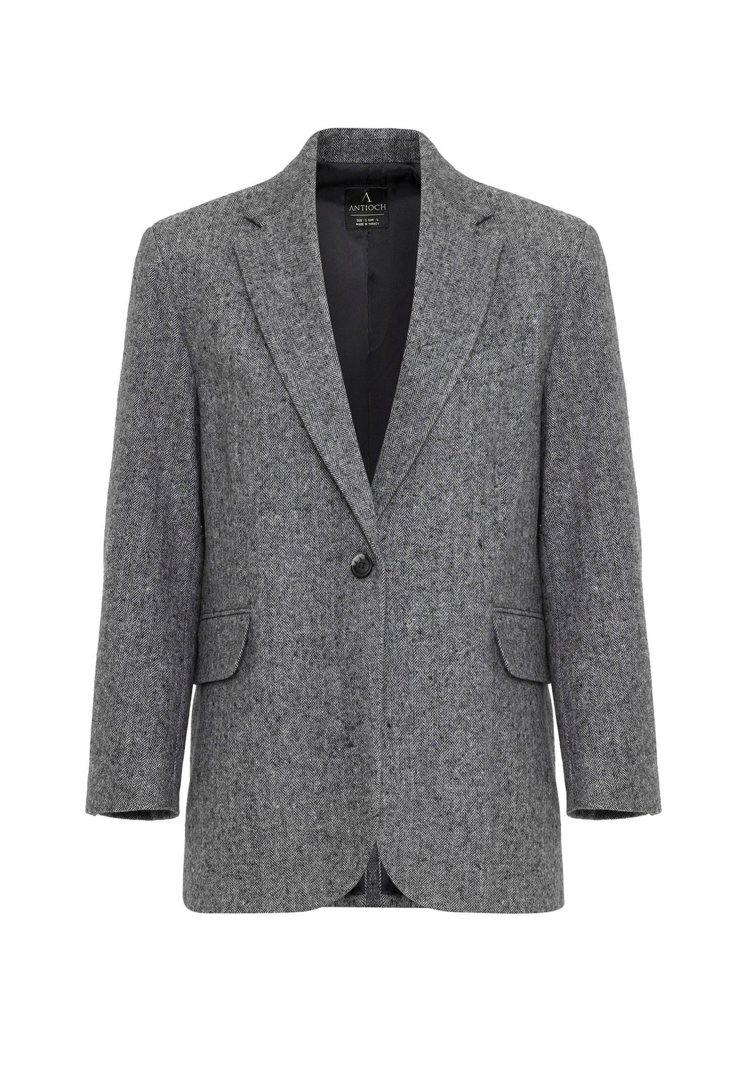 ANT Antioch Black Woman Relax Fit Fishbone Patterned Blazer Jacket - Houma