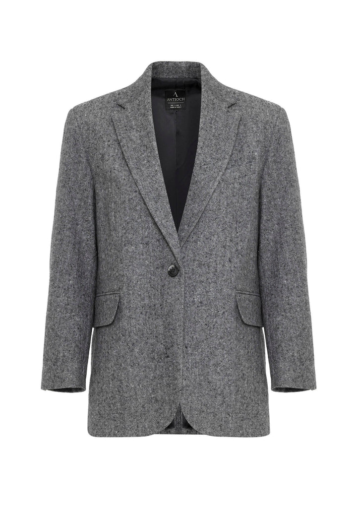 ANT Antioch Black Woman Relax Fit Fishbone Patterned Blazer Jacket - Houma