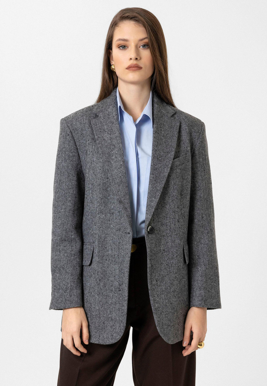 ANT Antioch Black Woman Relax Fit Fishbone Patterned Blazer Jacket - Houma