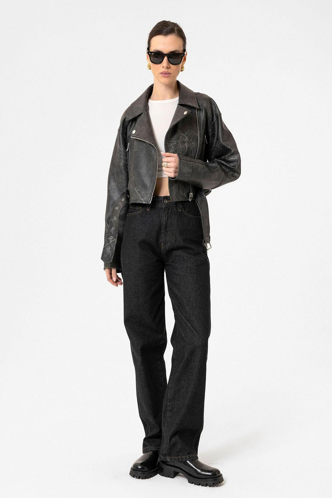 ANT Antioch Siyah Kadın Suni Deri Crop Biker Ceket - Kenosha
