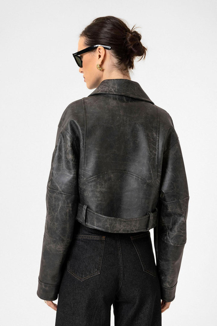 ANT Antioch Siyah Kadın Suni Deri Crop Biker Ceket - Kenosha